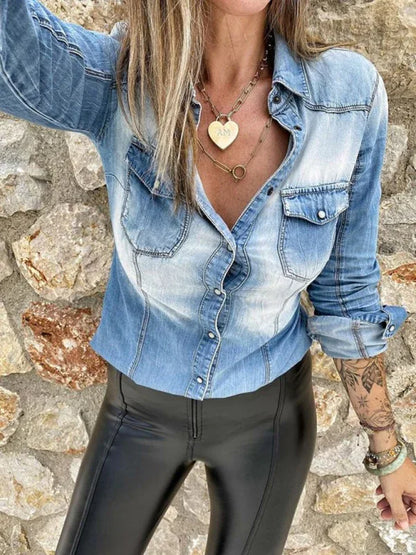 Long-Sleeved Lapel Denim Shirt with Distressed Pockets - Shello's Creative Boutique