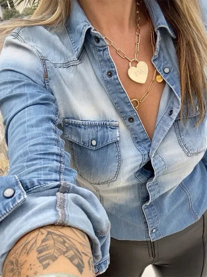 Long-Sleeved Lapel Denim Shirt with Distressed Pockets - Shello's Creative Boutique