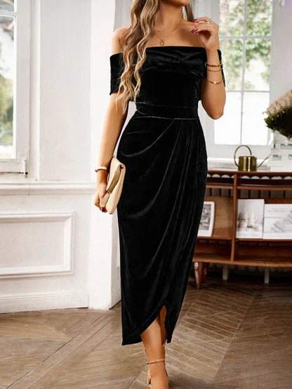 Women's Elegant Velvet One-Shoulder Party Dress – Sophisticated Glamour for Every Occasion - Shello's Creative Boutique