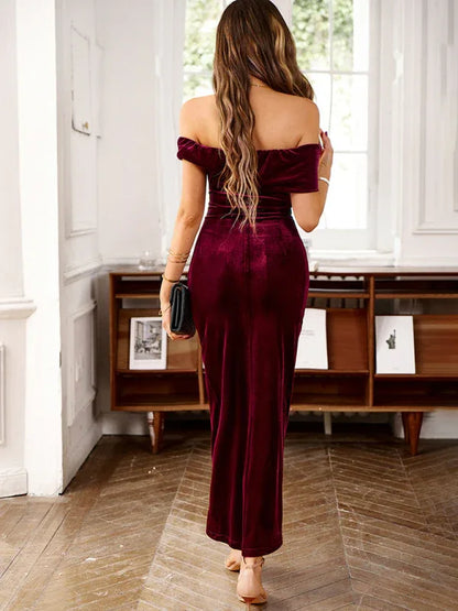 Women's Elegant Velvet One-Shoulder Party Dress – Sophisticated Glamour for Every Occasion - Shello's Creative Boutique