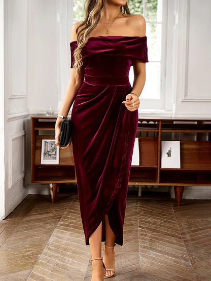 Women's Elegant Velvet One-Shoulder Party Dress – Sophisticated Glamour for Every Occasion - Shello's Creative Boutique