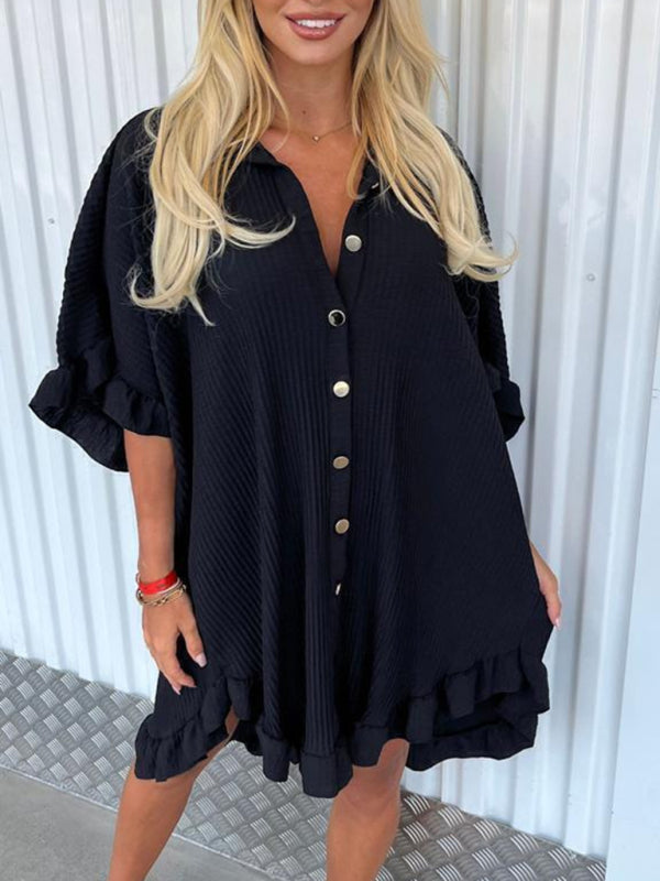 New Solid Color Shirt Dress Ruffle Sleeve Irregular Shirt Dress Shello's Creative Boutique