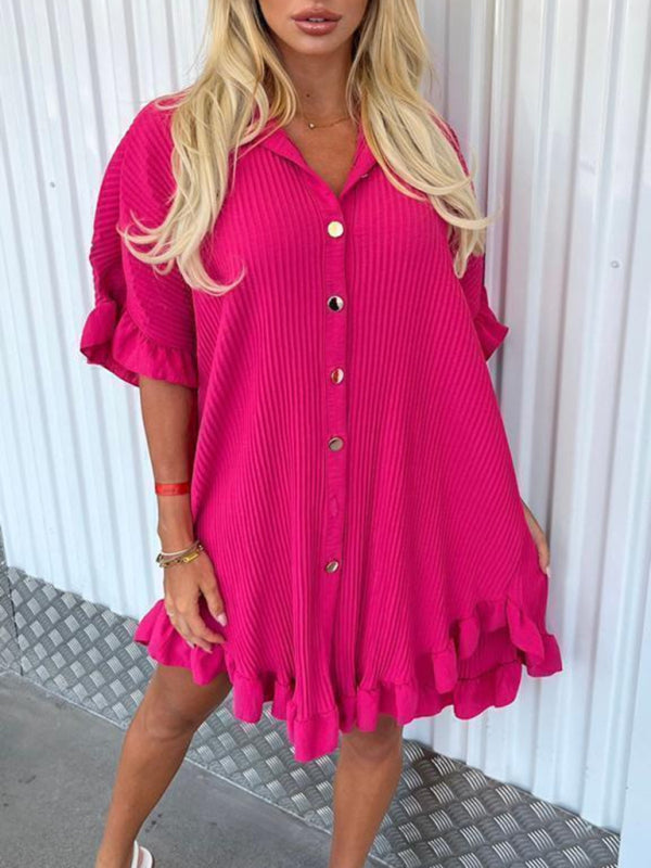 New Solid Color Shirt Dress Ruffle Sleeve Irregular Shirt Dress Shello's Creative Boutique