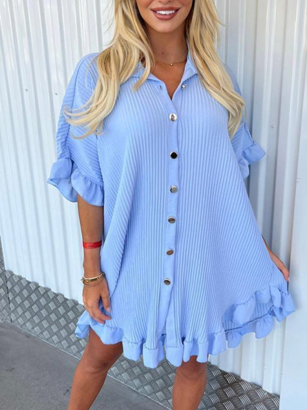 New Solid Color Shirt Dress Ruffle Sleeve Irregular Shirt Dress Shello's Creative Boutique