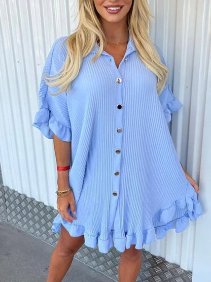 New Solid Color Shirt Dress Ruffle Sleeve Irregular Shirt Dress – Shello Creative Boutique - Shello's Creative Boutique