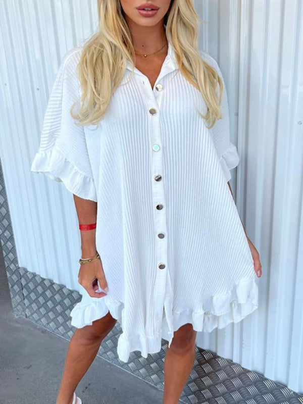 New Solid Color Shirt Dress Ruffle Sleeve Irregular Shirt Dress Shello's Creative Boutique