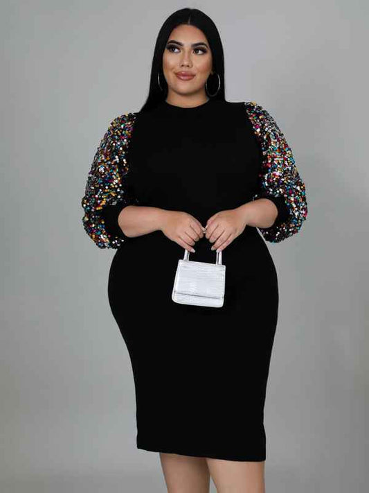 New Plus Size Ladies Sexy Solid Color Sequin Puff Sleeve Dress - Effortless Glamour for All Seasons