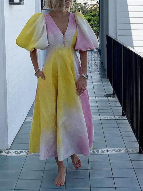 New fashion colorful V-neck lantern sleeve dress Shello's Creative Boutique