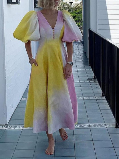 New fashion colorful V-neck lantern sleeve dress Shello's Creative Boutique
