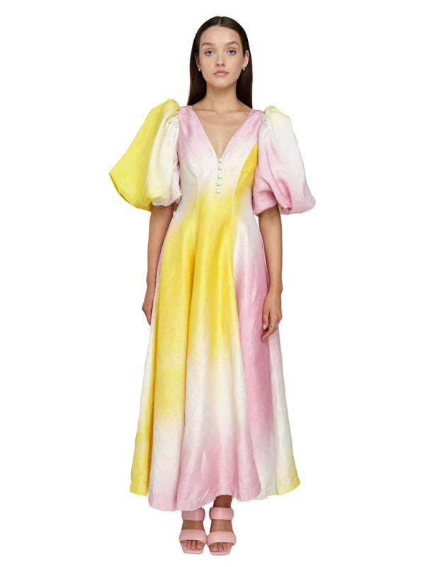 New fashion colorful V-neck lantern sleeve dress Shello's Creative Boutique