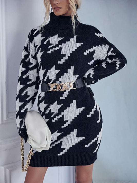 Women's turtleneck loose long sleeve houndstooth sweater dress Shello's Creative Boutique