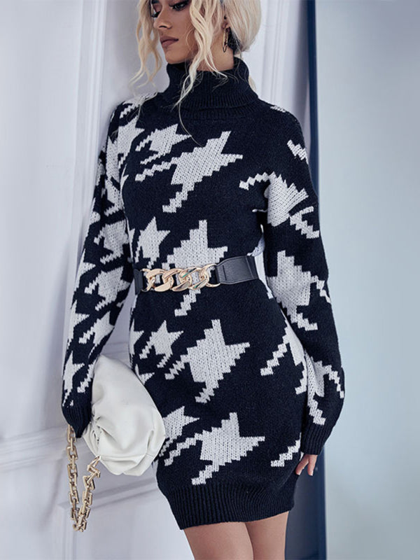 Women's turtleneck loose long sleeve houndstooth sweater dress Shello's Creative Boutique