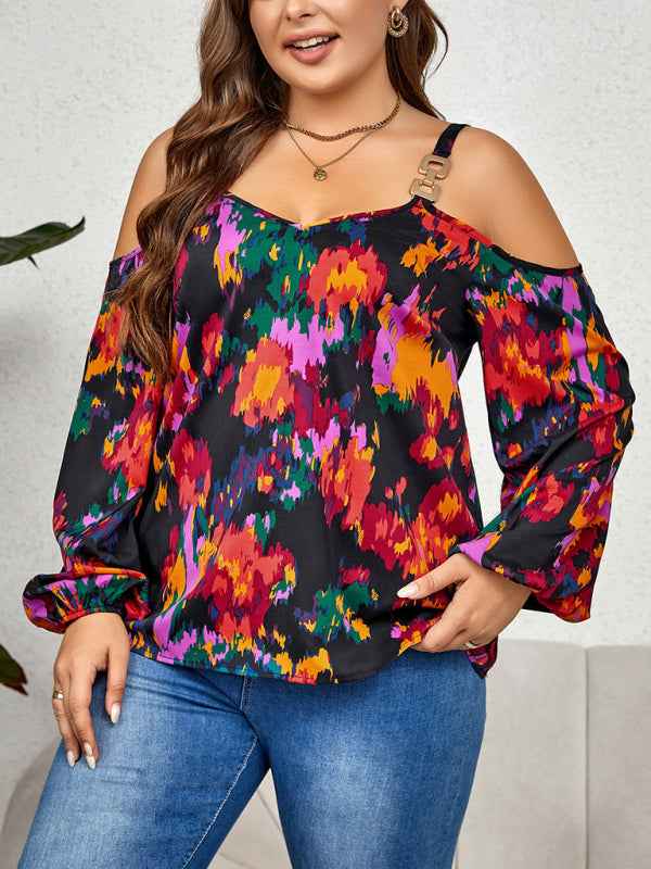 Plus Size Women's Fashionable Graffiti Print Puffy Sleeve Top - Trendy Elegance for Every Occasion