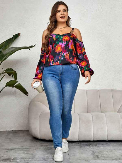 Plus Size Graffiti Print Top with Puffy Sleeves - Trendy Elegance for Every Occasion - Shello's Creative Boutique