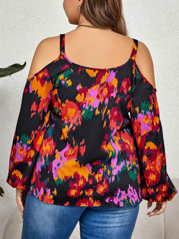 Plus Size Women's Fashionable Graffiti Print Puffy Sleeve Top - Trendy Elegance for Every Occasion