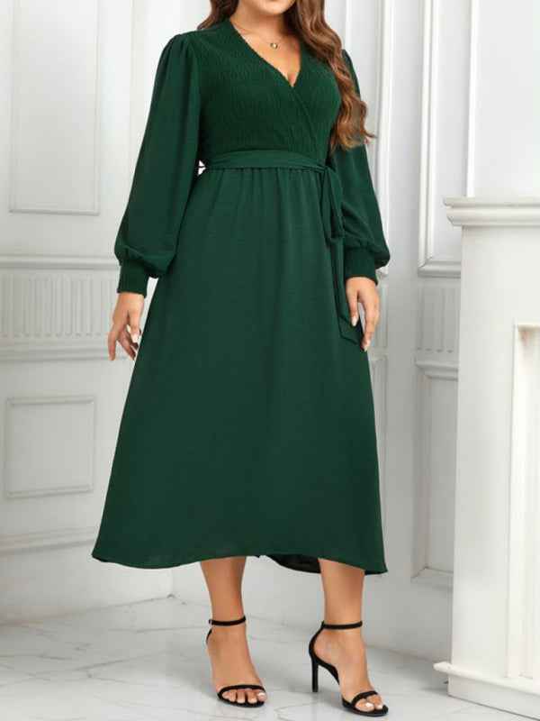 New Plus Size Women's V-Neck Green Design Slimming Dress - Graceful Style for All Seasons