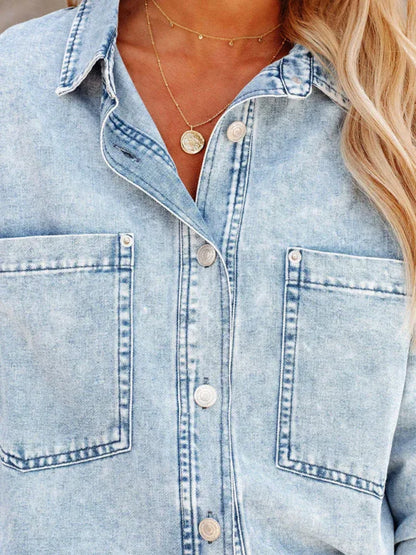 Women's Double-Pocket Loose Light Blue Denim Jacket - Shello's Creative Boutique