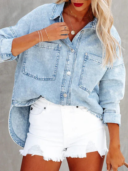 Women's Double-Pocket Loose Light Blue Denim Jacket - Shello's Creative Boutique