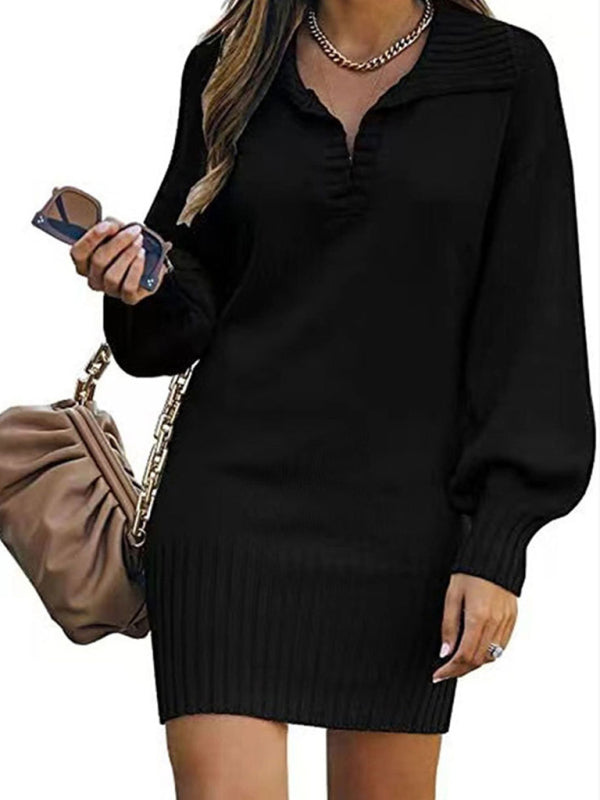 New women's sweater mid-length skirt lapel lantern sleeve pullover loose knitted sweater Shello's Creative Boutique