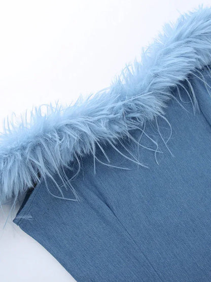 One-Shoulder Fur-Trimmed Hip-Hugging Denim Dress - Shello's Creative Boutique