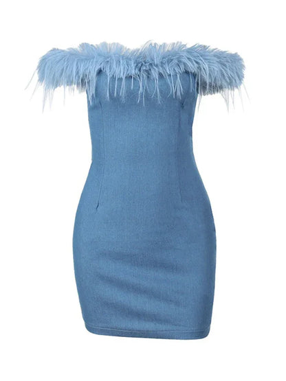 One-Shoulder Fur-Trimmed Hip-Hugging Denim Dress - Shello's Creative Boutique