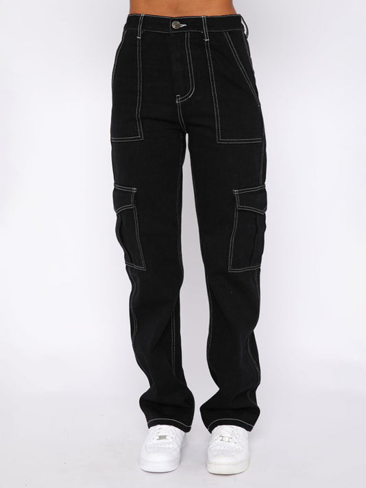 Women's fashionable patchwork straight multi-pocket overalls Shello's Creative Boutique