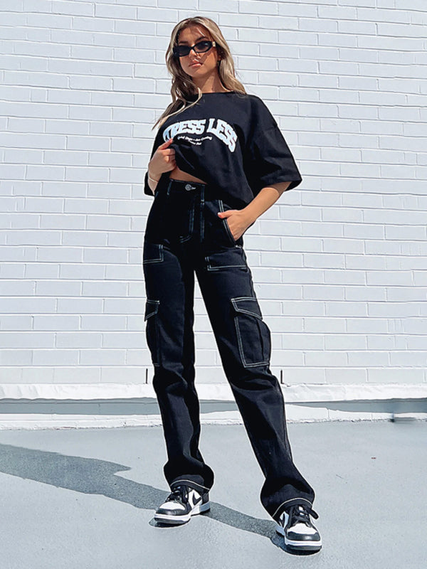 Women's fashionable patchwork straight multi-pocket overalls Shello's Creative Boutique