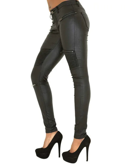 Women's PU Skinny Pants with Multi-Zip Motorcycle Trousers – Edgy Style Meets Everyday Comfort - Shello's Creative Boutique