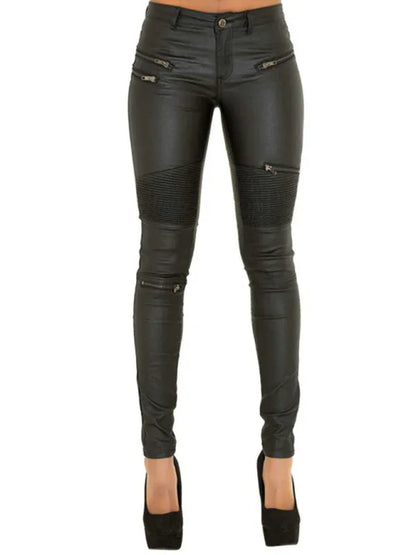 Women's PU Skinny Pants with Multi-Zip Motorcycle Trousers – Edgy Style Meets Everyday Comfort - Shello's Creative Boutique