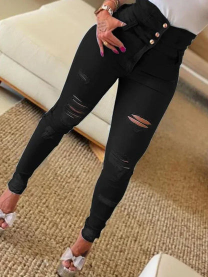 Women’s High Waist Ripped Jeans Pencil Pants - Shello's Creative Boutique