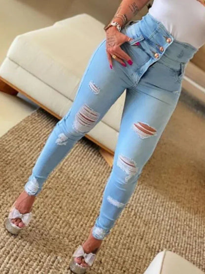 Women’s High Waist Ripped Jeans Pencil Pants - Shello's Creative Boutique