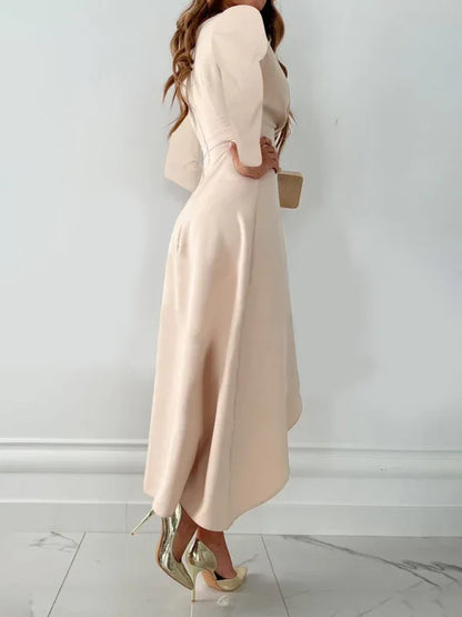 Women's Long Sleeve V-Neck Gathered Hem Slit Dress—Elegance Meets Comfort - Shello's Creative Boutique