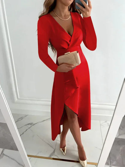 Women's Long Sleeve V-Neck Gathered Hem Slit Dress—Elegance Meets Comfort - Shello's Creative Boutique