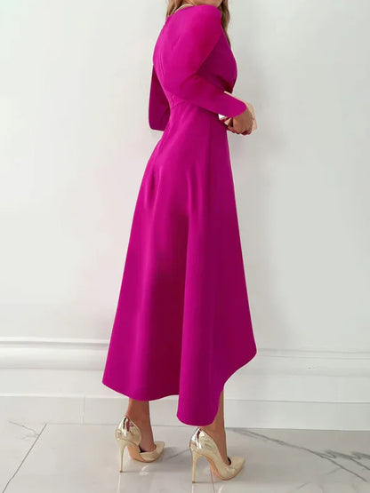 Women's Long Sleeve V-Neck Gathered Hem Slit Dress—Elegance Meets Comfort - Shello's Creative Boutique