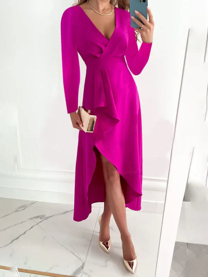 Women's Long Sleeve V-Neck Gathered Hem Slit Dress—Elegance Meets Comfort - Shello's Creative Boutique