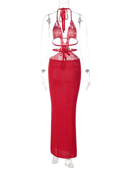 New Sexy Street Style Pure Desire Halter Neck Wrapped Chest Hollow Splicing Lace Up Dress