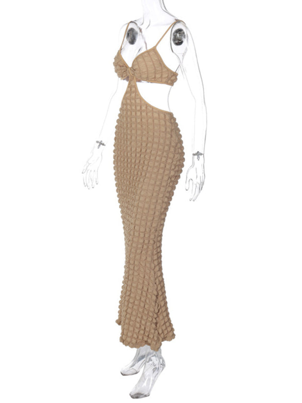 Women's New Solid Color Suspender Sexy Hollow Pure Desire Slim Elegant Long Dress Shello Creative Boutique