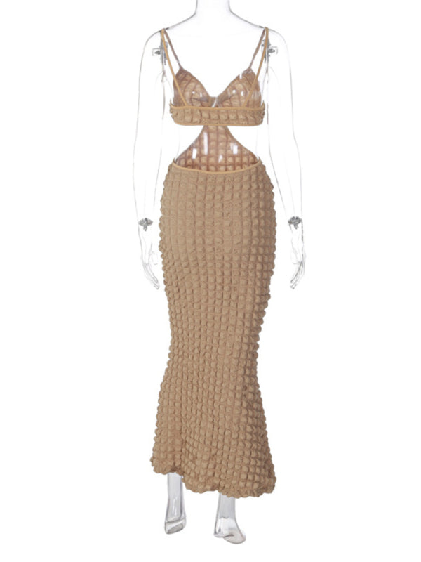 Women's New Solid Color Suspender Sexy Hollow Pure Desire Slim Elegant Long Dress Shello Creative Boutique