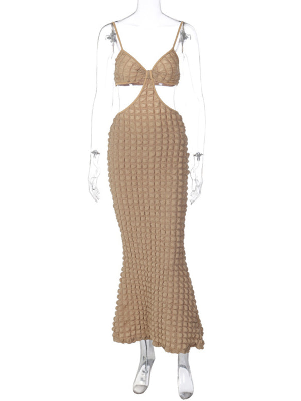 Women's New Solid Color Suspender Sexy Hollow Pure Desire Slim Elegant Long Dress Shello Creative Boutique