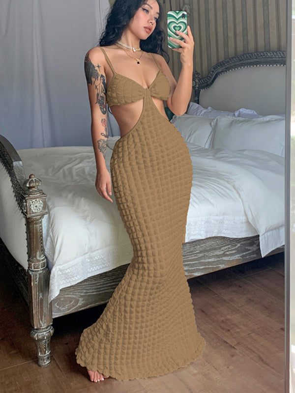 Women's New Solid Color Suspender Sexy Hollow Pure Desire Slim Elegant Long Dress Shello Creative Boutique