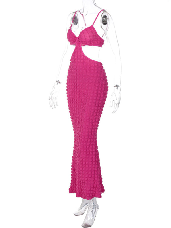Women's New Solid Color Suspender Sexy Hollow Pure Desire Slim Elegant Long Dress Shello Creative Boutique