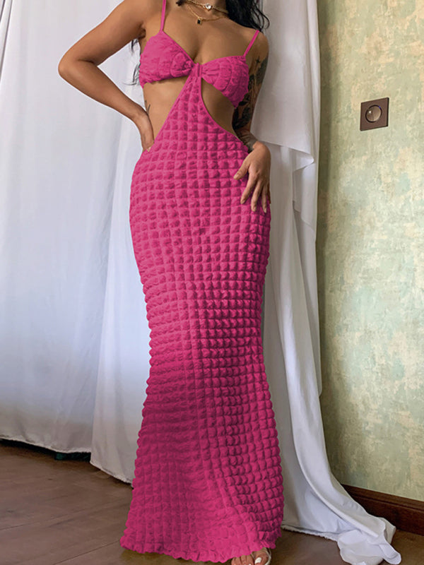 Women's New Solid Color Suspender Sexy Hollow Pure Desire Slim Elegant Long Dress Shello Creative Boutique