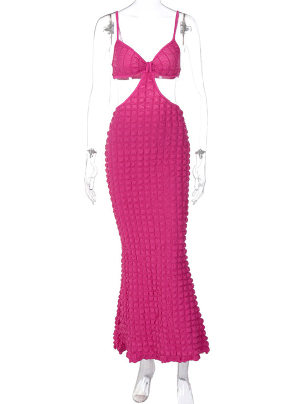 Women's New Solid Color Suspender Sexy Hollow Pure Desire Slim Elegant Long Dress Shello Creative Boutique