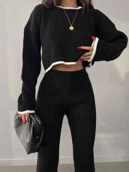 Autumn Winter Two-Piece Set with Contrasting Color Sweater and Slit Elastic Waist Wide-Leg Pants - Shello's Creative Boutique
