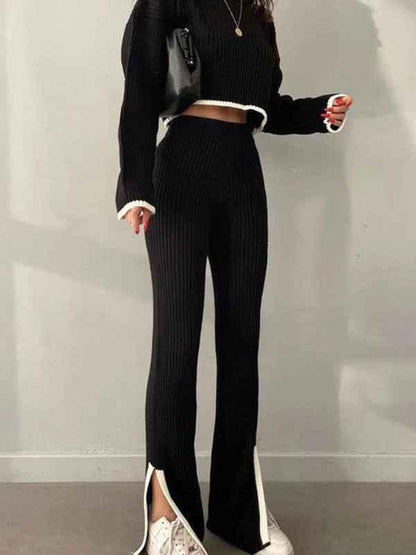Autumn Winter Two-Piece Set with Contrasting Color Sweater and Slit Elastic Waist Wide-Leg Pants - Shello's Creative Boutique