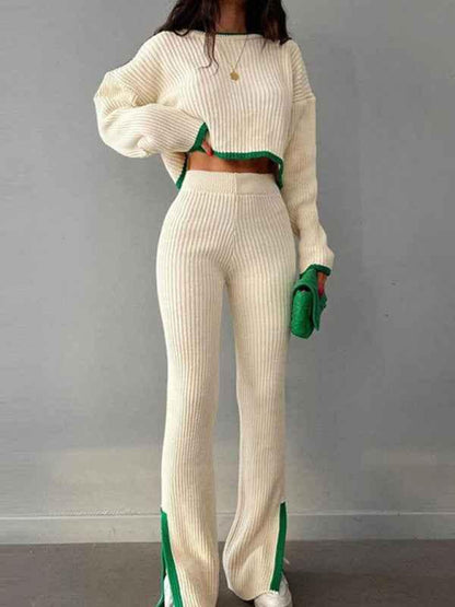 Autumn Winter Two-Piece Set with Contrasting Color Sweater and Slit Elastic Waist Wide-Leg Pants - Shello's Creative Boutique