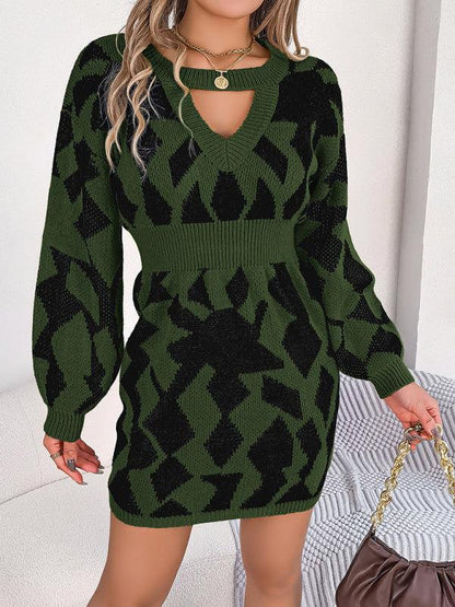 Casual Colour-Blocked Sweater Dress with Hollow Lantern Sleeves and Waist Design - Shello's Creative Boutique