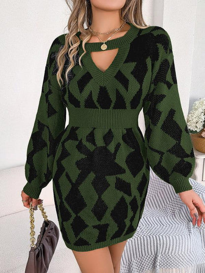 Casual Colour-Blocked Sweater Dress with Hollow Lantern Sleeves and Waist Design - Shello's Creative Boutique