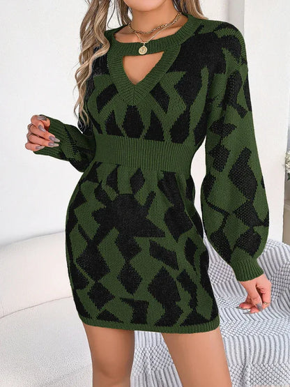 Casual Colour-Blocked Sweater Dress with Hollow Lantern Sleeves and Waist Design - Shello's Creative Boutique