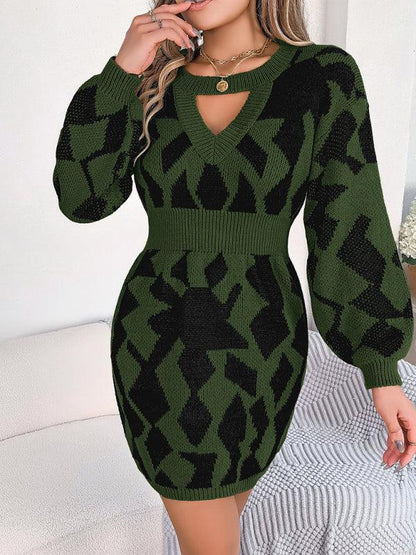 Casual Colour-Blocked Sweater Dress with Hollow Lantern Sleeves and Waist Design - Shello's Creative Boutique